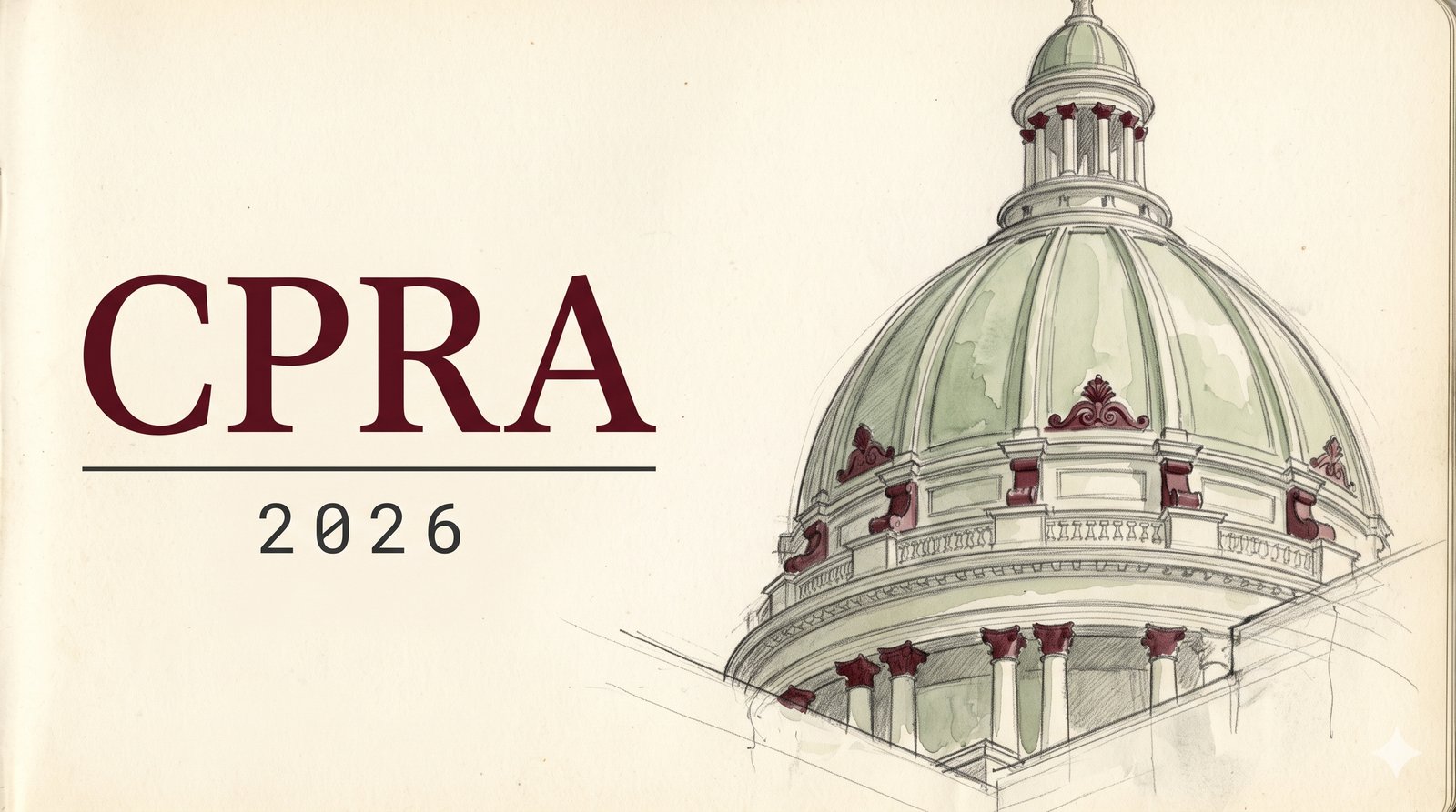Pencil and watercolor architectural study of the California State Capitol dome in soft sage green with oxblood ornamental details, beside a serif title block reading CPRA 2026.