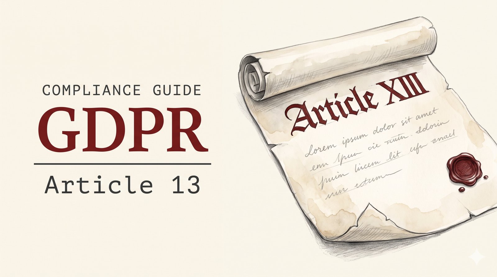 Pencil and watercolor illustration of a vintage parchment scroll bearing the hand-lettered heading Article XIII and a deep oxblood wax seal, beside an editorial title block reading Compliance Guide, GDPR, Article 13.